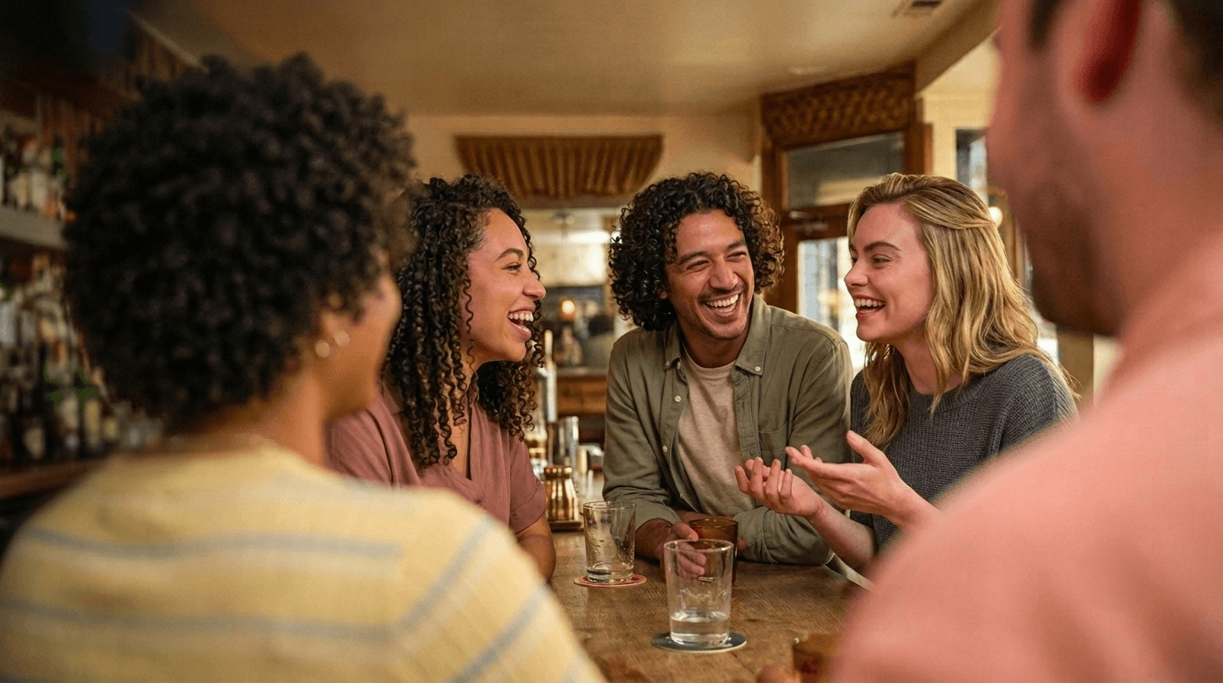 Five friends laughing around a bar table with drinks